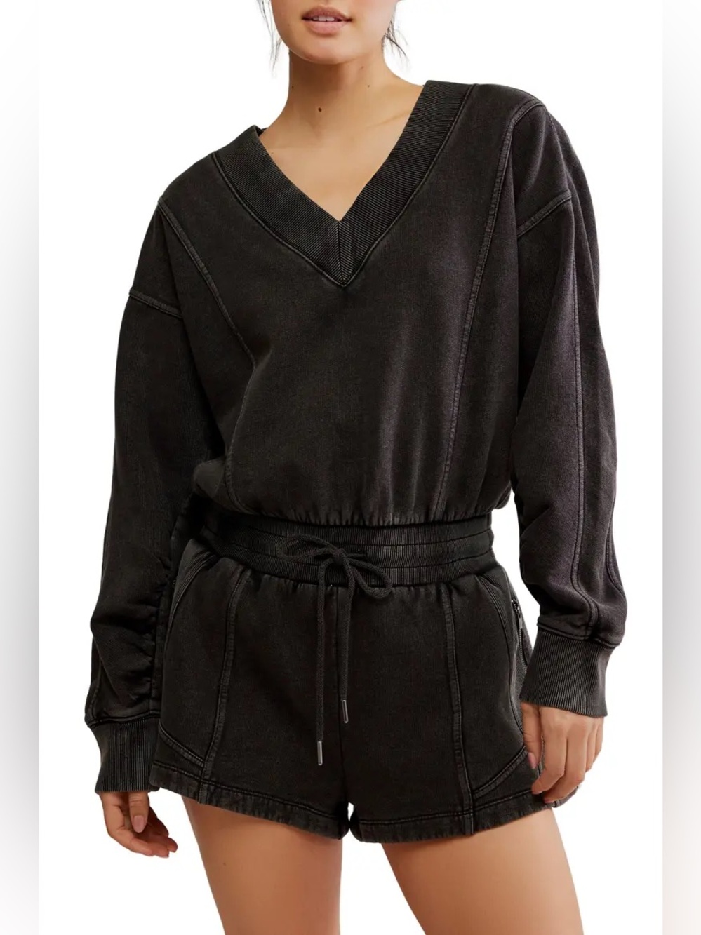 Free People FP Movement Long Sleeve Intercept Romper in Black Noir Gray